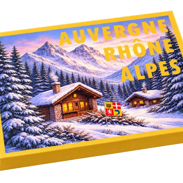 Coffret cadeau gourmand Auvergne-Rhône-Alpes, couvercle illustré : un chalet de montagne devant des sommets enneigés