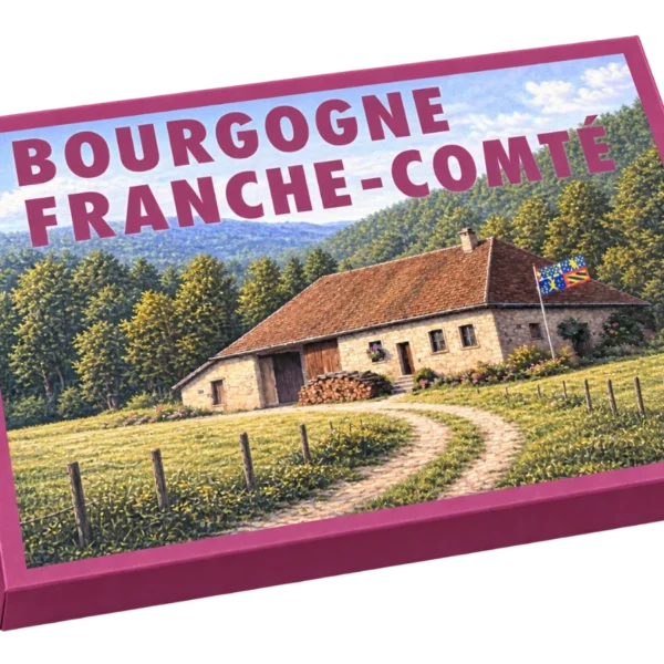 Coffret cadeau gourmand Bourgogne-Franche-Comté, couvercle illustré : une ferme comtoise au bout d'un chemin de campagne