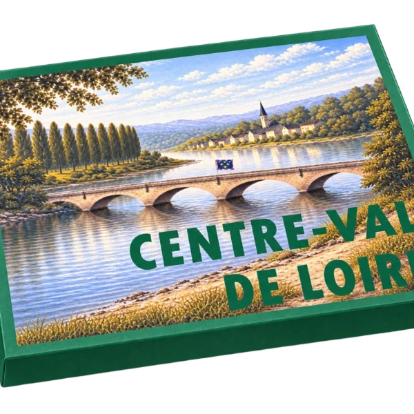 Coffret cadeau gourmand Centre-Val de Loire, couvercle illustré : un pont de pierre sur la Loire bordé de peupliers