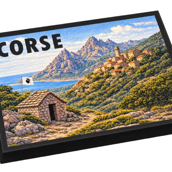 Coffret cadeau gourmand Corse, couvercle illustré : une bergerie de pierre au pied des montagnes corses