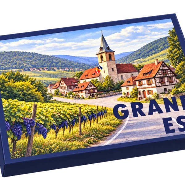 Coffret cadeau gourmand Grand Est, couvercle illustré : un village alsacien entouré de vignes