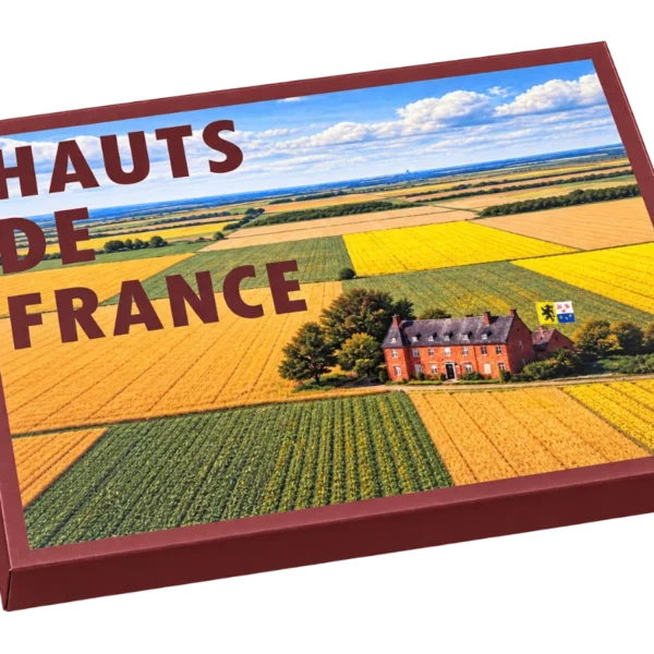 Coffret cadeau gourmand Hauts-de-France, couvercle illustré : des champs cultivés et une demeure de brique