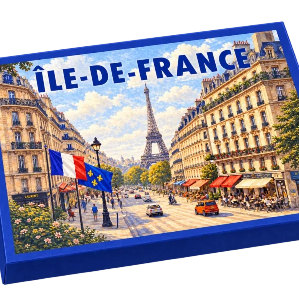 Coffret cadeau gourmand Île-de-France, couvercle illustré : un boulevard haussmannien et la tour Eiffel
