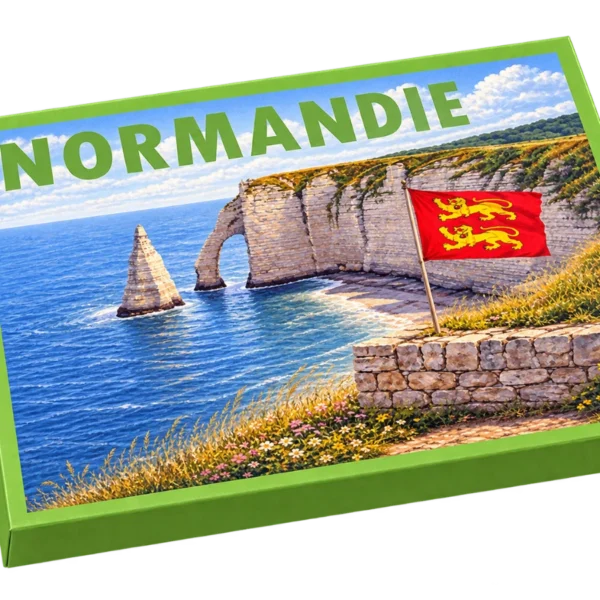 Coffret cadeau gourmand Normandie, couvercle illustré : les falaises d'Étretat et le drapeau normand