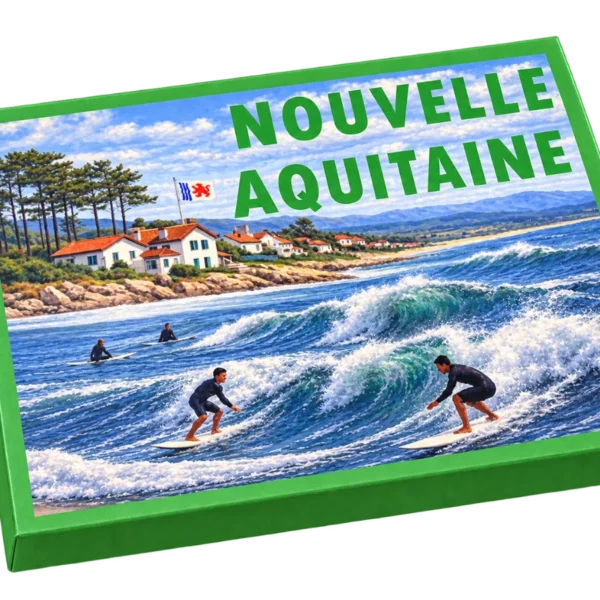 Coffret cadeau gourmand Nouvelle-Aquitaine, couvercle illustré : des surfeurs sur une vague de la côte atlantique