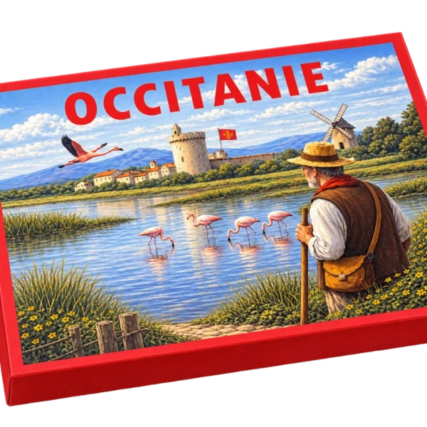 Coffret cadeau gourmand Occitanie, couvercle illustré : un gardian de Camargue et des flamants roses