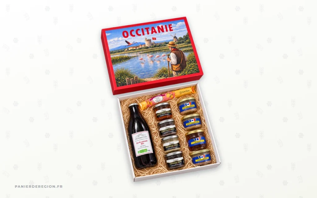 Coffret gourmand Occitanie ouvert, bocaux de conserves artisanales, bouteille et douceurs, tous nommés sur la fiche jointe