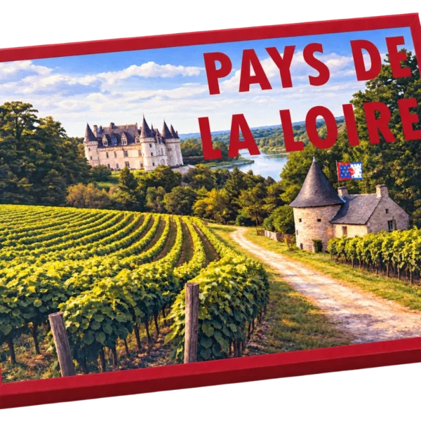 Coffret cadeau gourmand Pays de la Loire, couvercle illustré : un château de la Loire au milieu des vignes