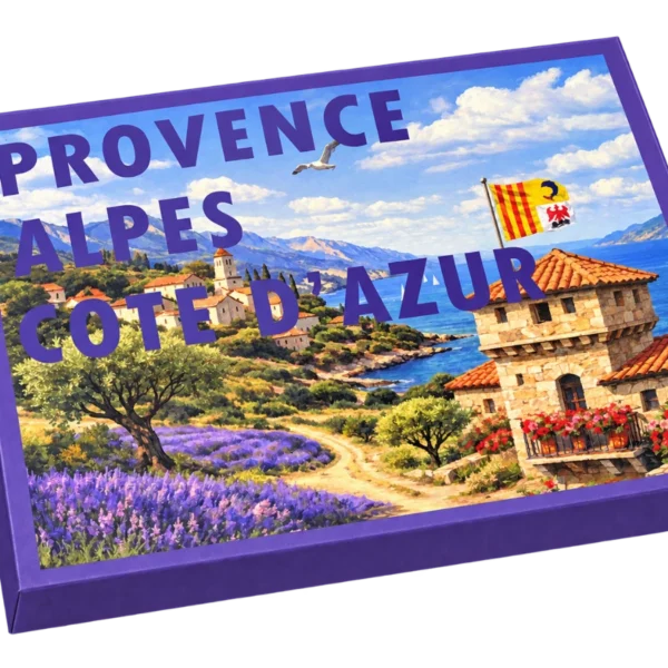 Coffret cadeau gourmand Provence-Alpes-Côte d'Azur, couvercle illustré : un mas provençal et un champ de lavande