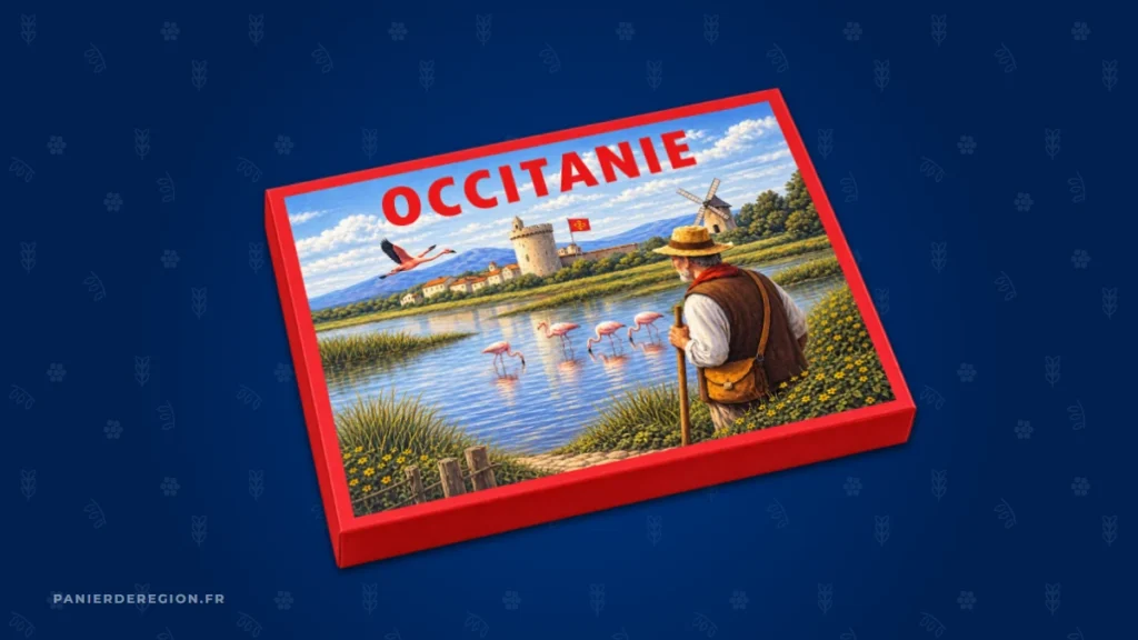 Trois coffrets Occitanie, Provence-Alpes-Côte d'Azur et Nouvelle-Aquitaine en éventail sur fond crème, cadeaux d'entreprise expédiés depuis Montpellier