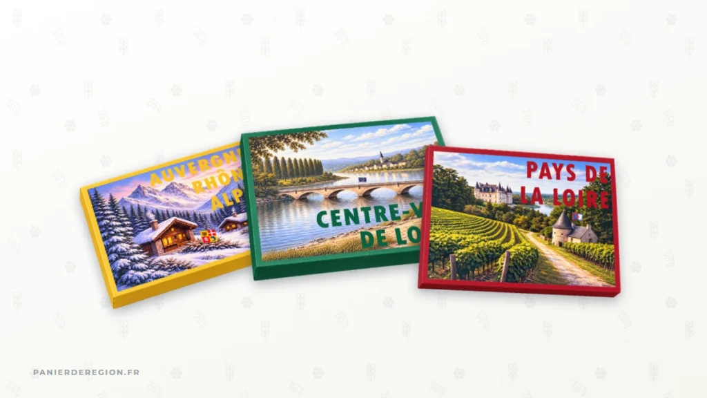 Coffret gourmand sans alcool et végétarien pour entreprise : le coffret Auvergne-Rhône-Alpes fermé, seul sur fond crème