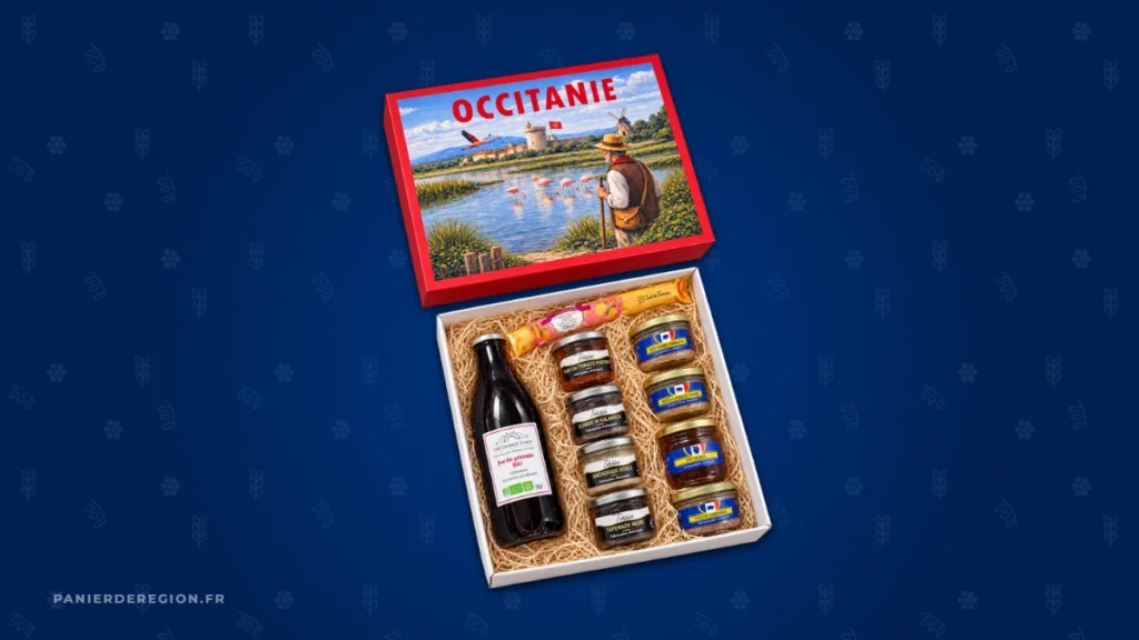 Coffret gourmand Occitanie ouvert montrant ses produits, dont la composition se personnalise