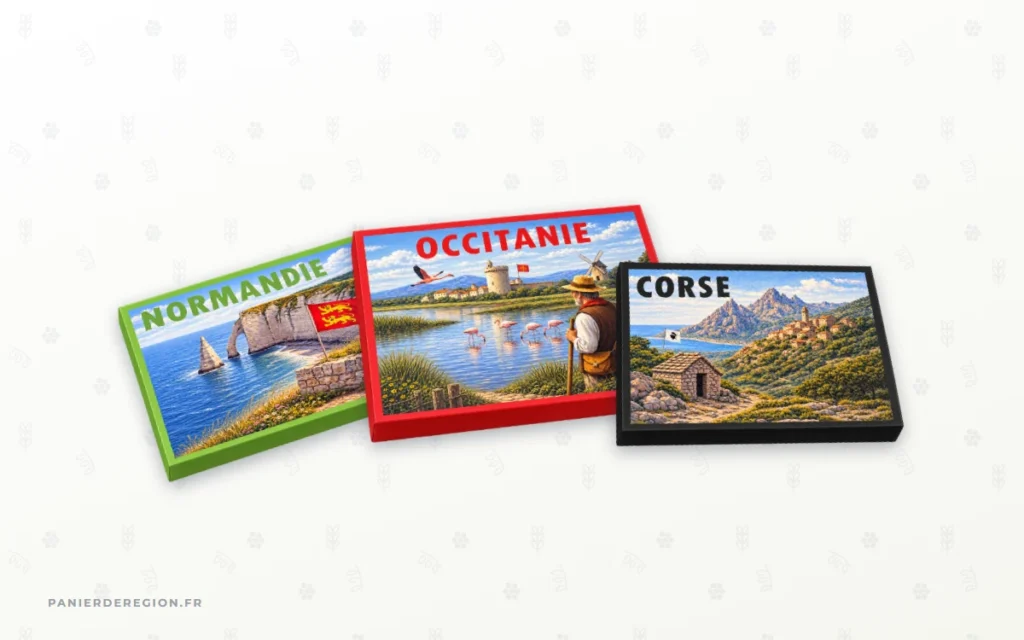Trois coffrets gourmands des régions Normandie, Occitanie et Corse disposés en éventail
