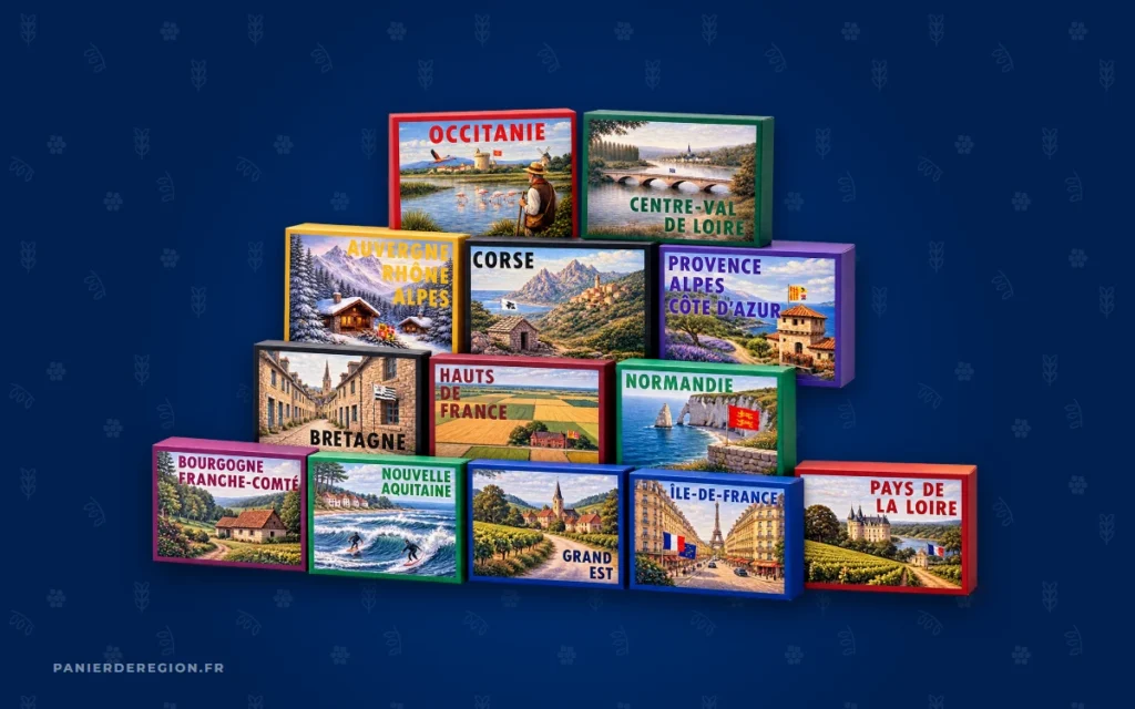 Pyramide des treize coffrets gourmands régionaux, un par région de France, pour répartir un budget de CSE