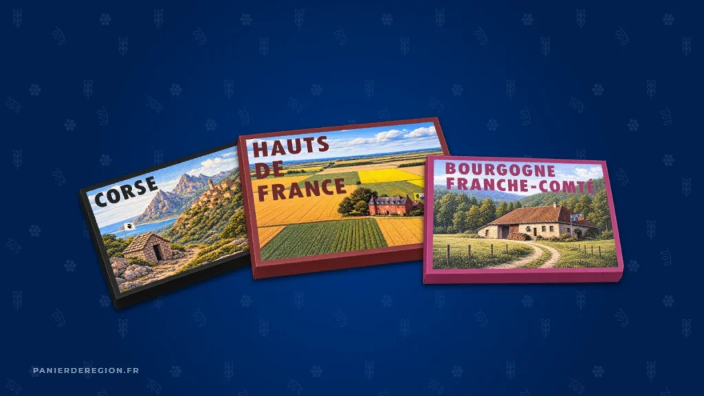 Trois coffrets gourmands régionaux en éventail : Corse, Hauts-de-France et Bourgogne-Franche-Comté